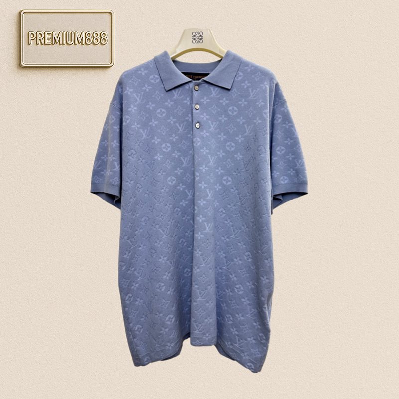 1v Logo Lettered Herringbone Jacquard Printed Knitted Polo Shirt Short Sleeve