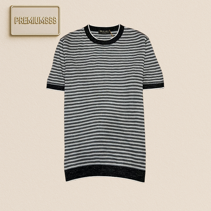 Loro Piana Color-Contrast Collar Stripe Knit T-Shirt