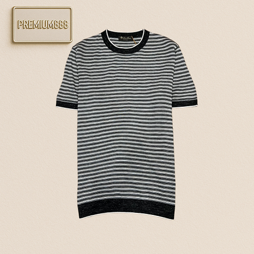 Loro Piana Color-Contrast Collar Stripe Knit T-Shirt