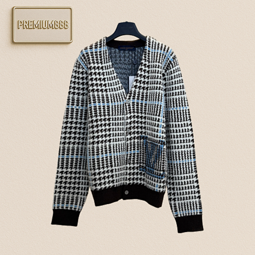 1v Louis Letter-color Inlaid Checkered Jacquard Wool Knitted Cardigan
