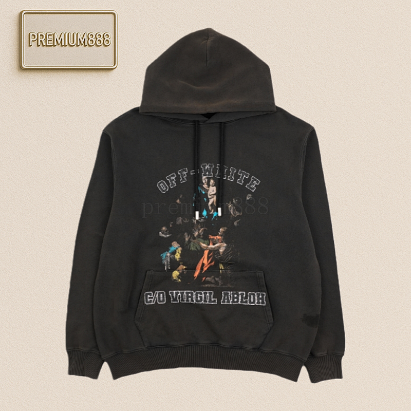 OW 24Fw Hooded Sweatshirt With Chants And Virgin Mary Prints On The Chest