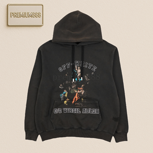 OW 24Fw Hooded Sweatshirt With Chants And Virgin Mary Prints On The Chest