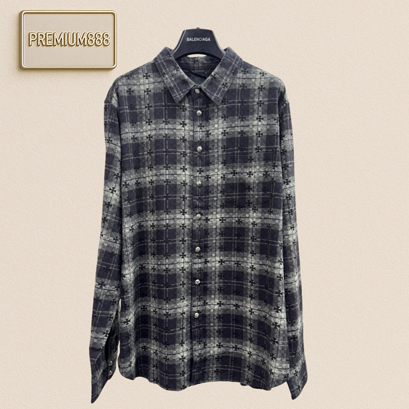 Chrome Hearts CH Crocin Cross Patterned Leather Plaid Long-Sleeved Shirt