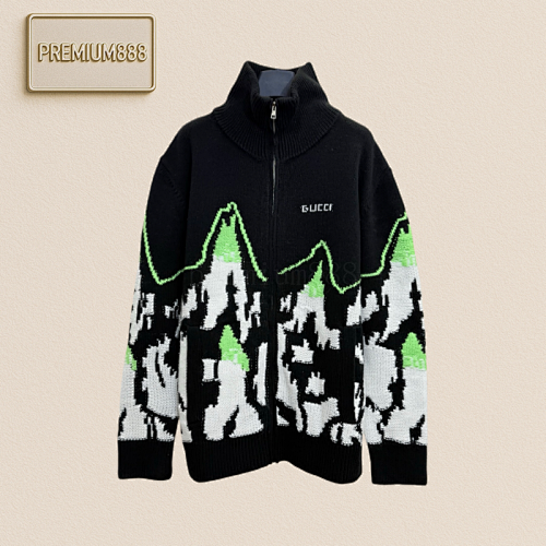 Gucci Letter Mountain View Contrasting Color Snow Mountain Pattern Stand-up Collar Zipper