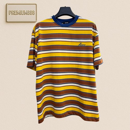 Welldon Small-font Embroidery Yellow Stripe Short-sleeved T-shirt
