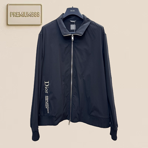 Dior Montaigne Avenue Letter-Design Embroidered V-Neck Zip-Up Jacket Nylon Coat