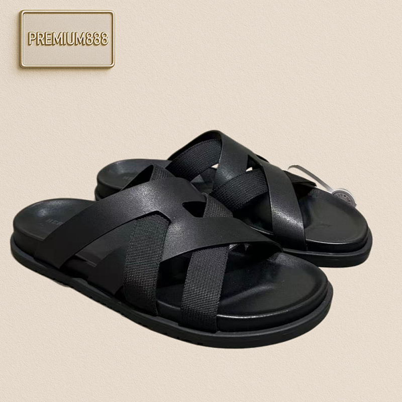 Hermès Top-tier Version Hermes Men's Kazimir Slippers Featuring Woven Embellishments And Genuine
