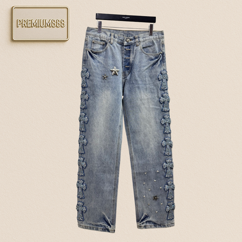 Croson Cuffed Cross-Striped Beaded Denim Pants
