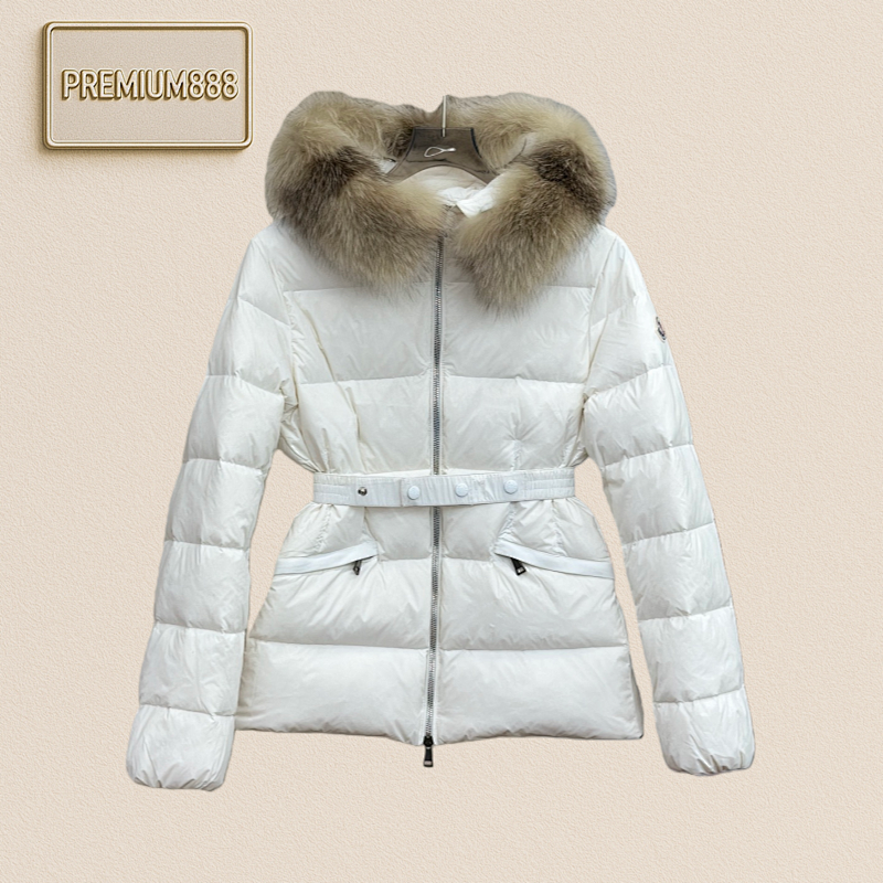 Moncler Boed Detachable Fox Fur Collar Elastic Belt Lightweight Nylon Cinched Waist Down J