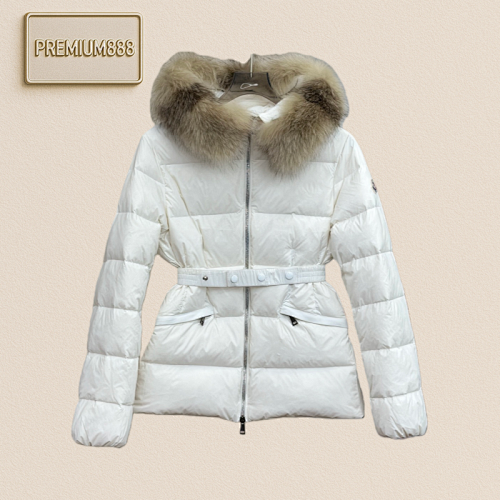 Moncler Boed Detachable Fox Fur Collar Elastic Belt Lightweight Nylon Cinched Waist Down J