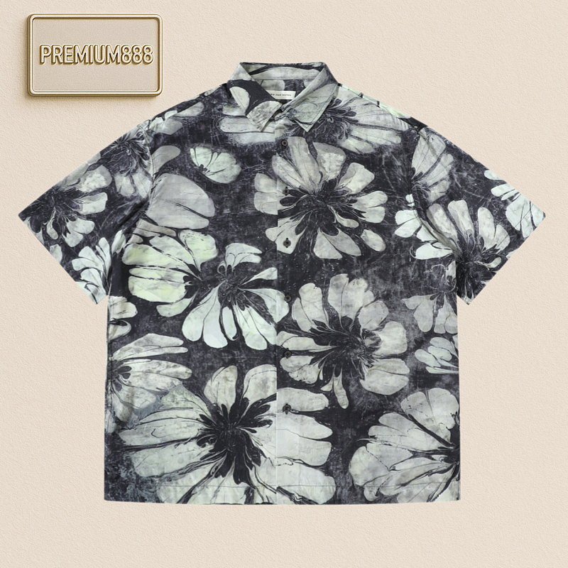 Dries Van Noten Dvn Black And White Large Patterned Silk Shirt With Short Sleeves