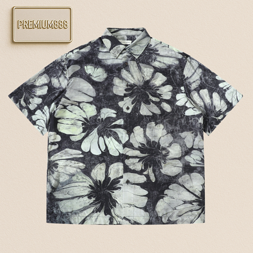Dries Van Noten Dvn Black And White Large Patterned Silk Shirt With Short Sleeves