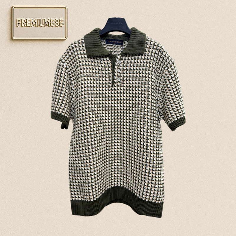 1v Louis Colorful Plaid Knitted Collared Polo Shirt Short Sleeve