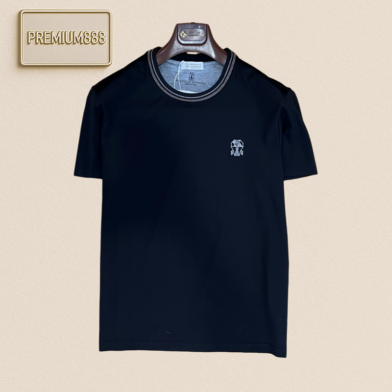 Color-Contrast Collar Edge Signature Embroidery Round Neck Short-Sleeve T-shirt