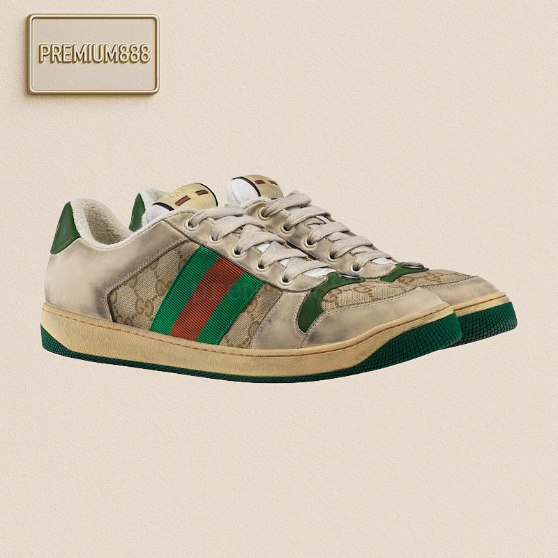 Gucci GU Cci Screener Old Flower Green Enamel Distressed Low-top Sneakers