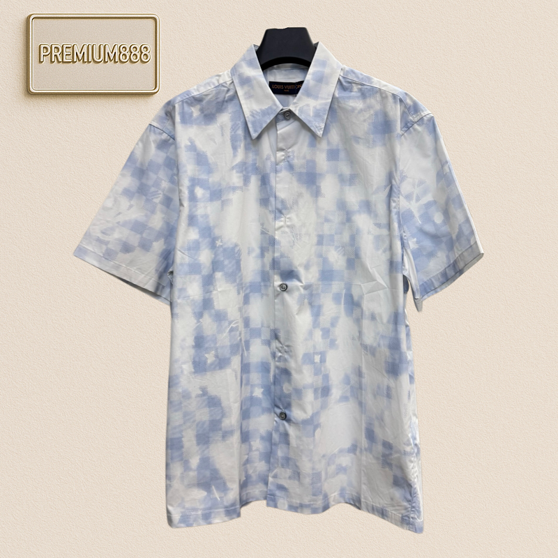 1v Louis Cloud Series Pixel Checkered Print Short-Sleeve Shirt