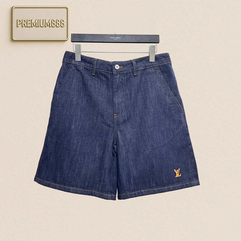 1v Louis Logo Printed Cotton Twill Denim Shorts