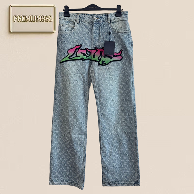 1v Louis Flame Graffiti Patched Jacquard Denim Pants