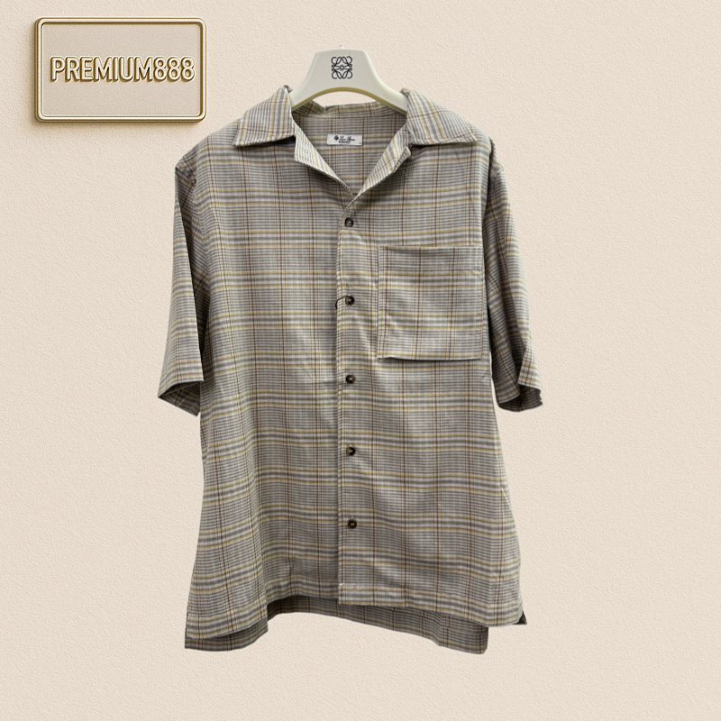 LP Linen Check Cuban Collar Buttoned Pouch Side-Opening Short-Sleeved Shirt