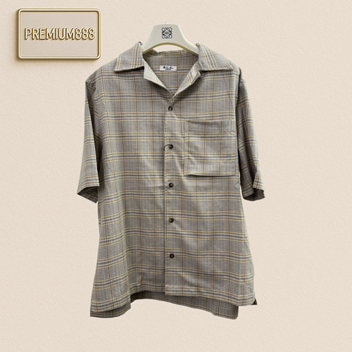 LP Linen Check Cuban Collar Buttoned Pouch Side-Opening Short-Sleeved Shirt