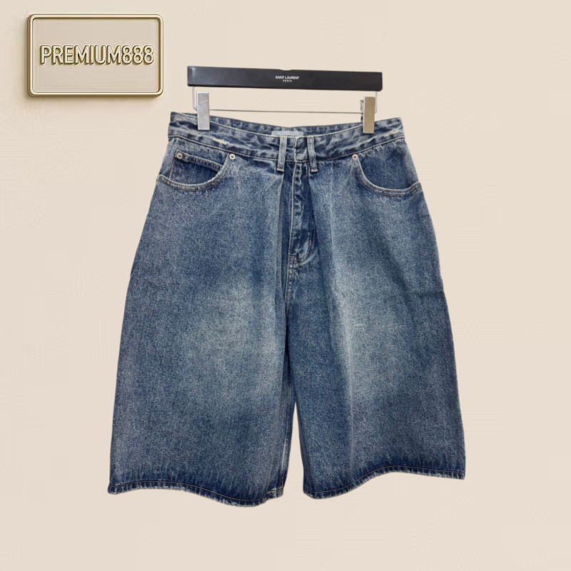 Bal Paris Washed Water-Damaged Old Frayed Leather Printed Denim Shorts
