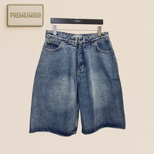 Bal Paris Washed Water-Damaged Old Frayed Leather Printed Denim Shorts