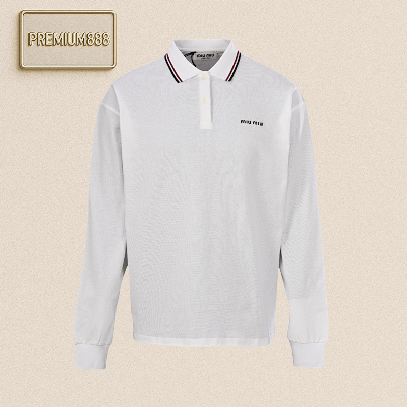 Miu MM Embroidered Letter Red Stripe Collar Long-sleeved Polo Shirt