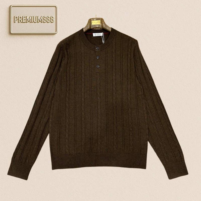 BC Brunello Henry Collar Plain Patterned Casual Long-sleeved Knitted Shirt