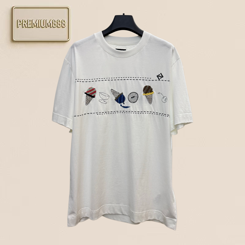 Fend Fancy Summer Multi-Color Ice Cream Embroidered Short-Sleeved T-Shirt