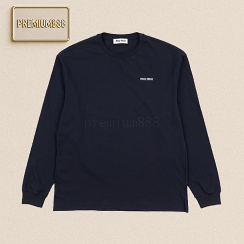 Miumiu Small Embroidered Crew Neck Base Shirt Navy Blue