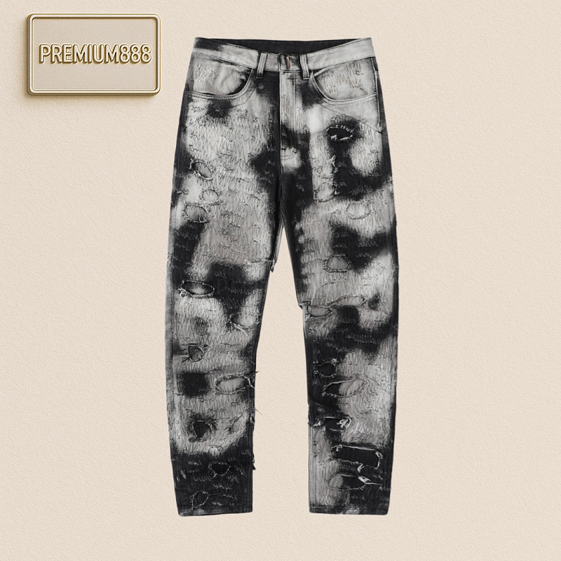 Gvc Black & White Cow Boro Decay Embroidered Patch Destroyed Jeans