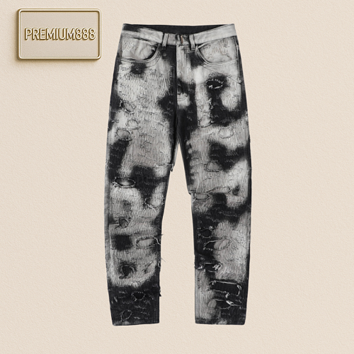 Gvc Black & White Cow Boro Decay Embroidered Patch Destroyed Jeans