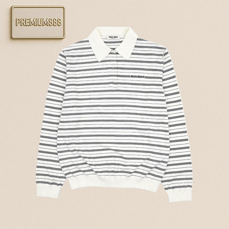 Miu Logo Letter Inlaid Striped Long-sleeved Polo Shirt