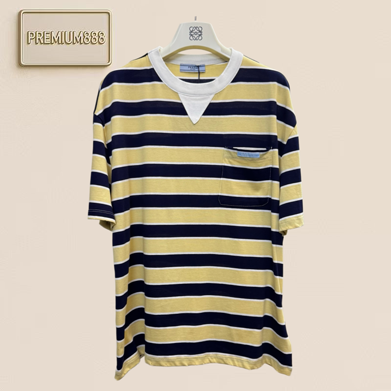 Pra - Yellow Stripes Printed Short-Sleeved T-shirt With Pockets