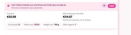 The GRAILS strip on a Kakobuy listing: item price, price with shipping, QC photo count, seller trust and weight, right above Kakobuy's Buy now button