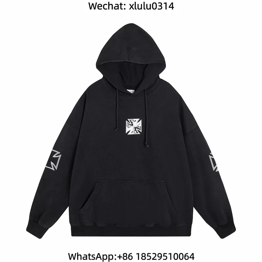 vtm胸口十字印花做旧帽衫