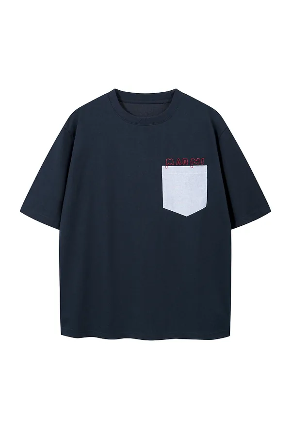 MAR风格拼色口袋镂空logo刺绣短袖T恤 深蓝 S-XL码 M7668#