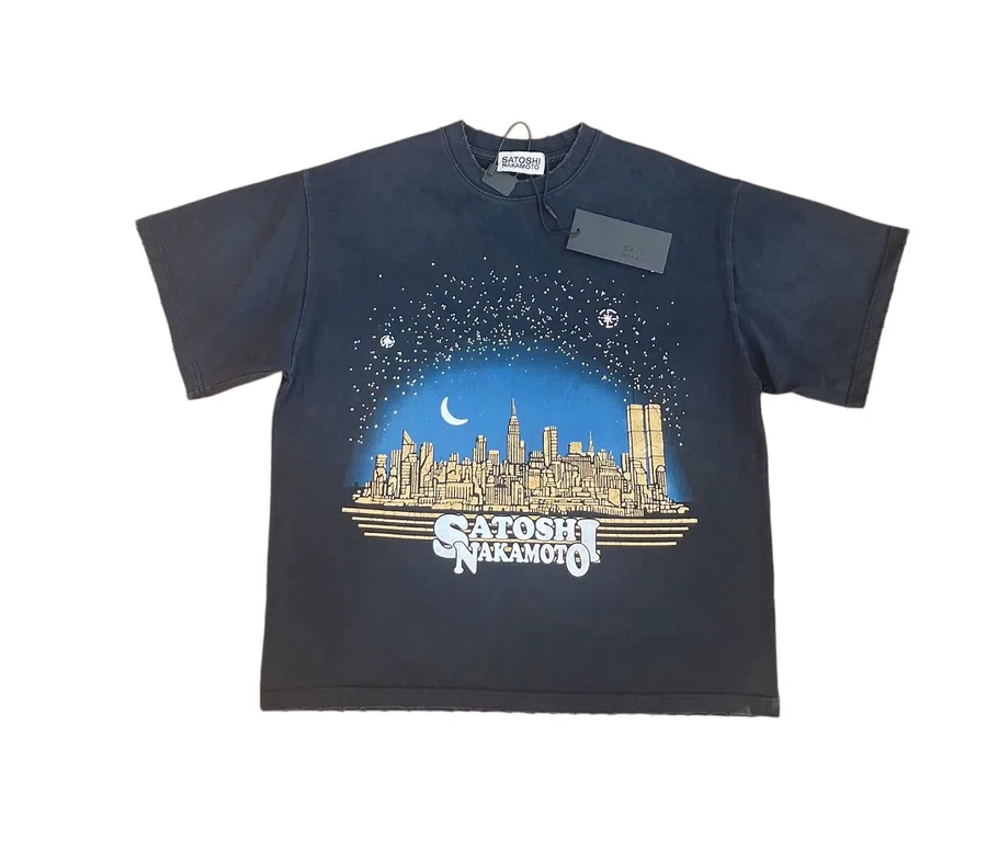 Satoshi Nakamoto 纽约夜空天际线短袖T恤 颜色：水洗黑 码数：S M L XL S3321