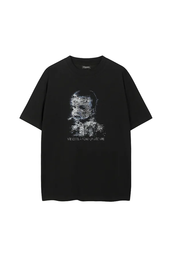 FA 人像复古印花短袖T恤 黑色 S-L 8315#