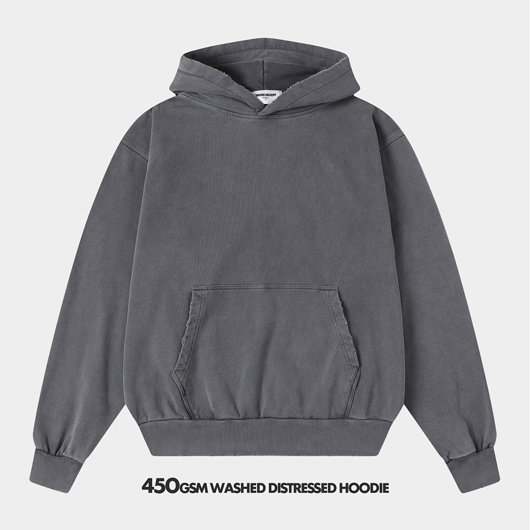 450gsm Union Kingdom Distressed Washed Gray 100% Cotton Loose Fit Hoodie