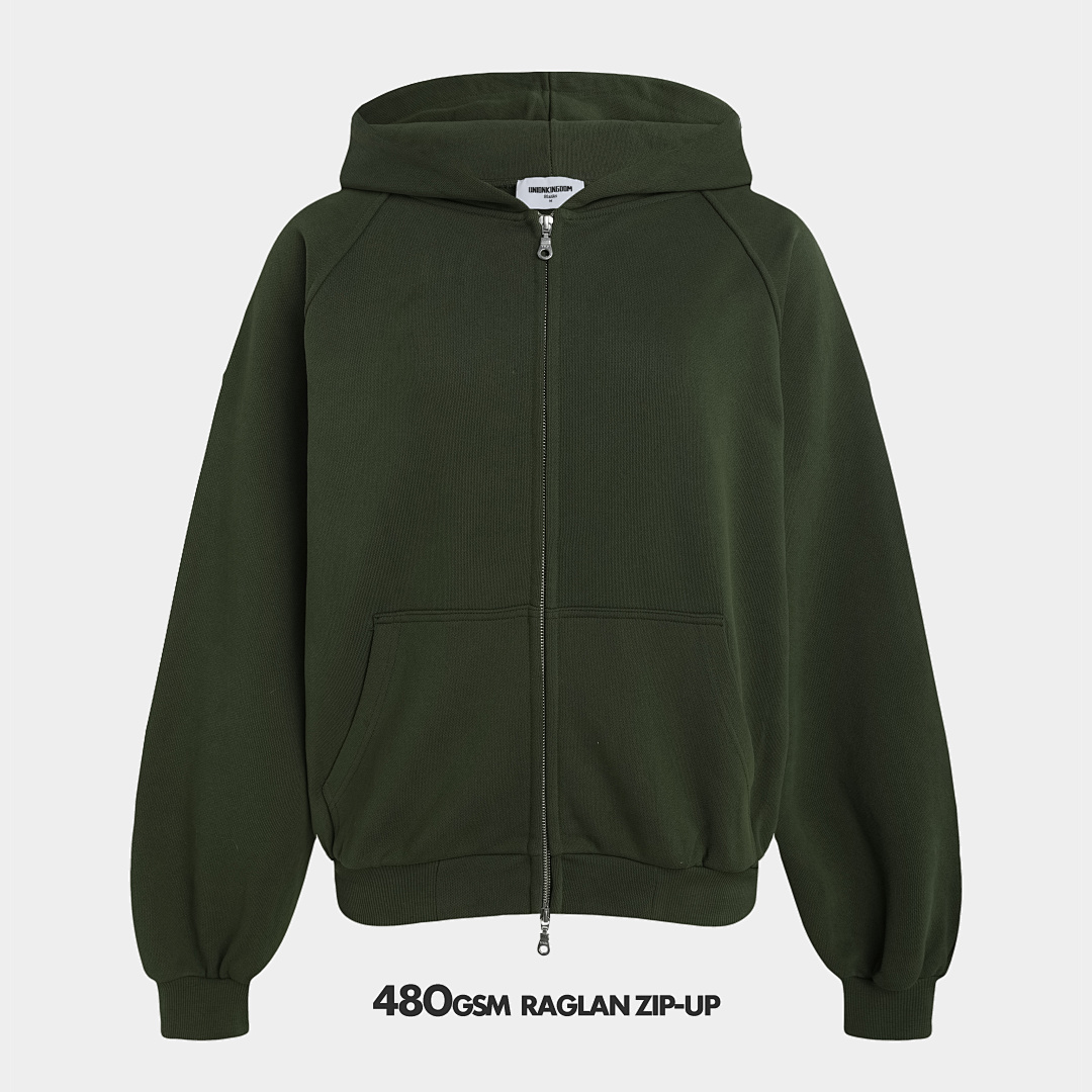480gsm Union Kingdom 100% Cotton French Terry Raglan Boxy Cropped Fit Zip-up