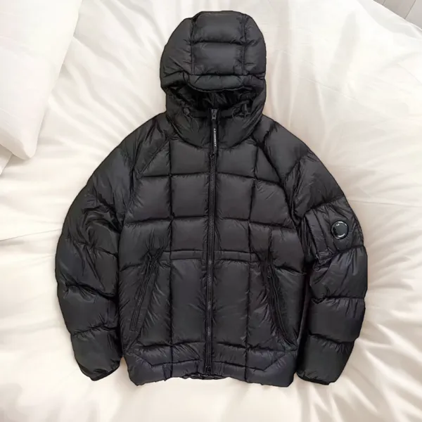 Matte down jacket with lens pocket, C.P. Company style
